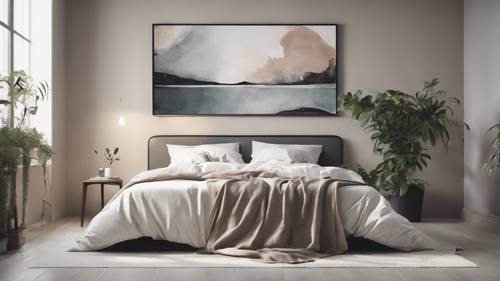 Minimalistyczna sypialnia w stonowanych kolorach z prostym łóżkiem typu queen-size, rośliną doniczkową i abstrakcyjnym obrazem.