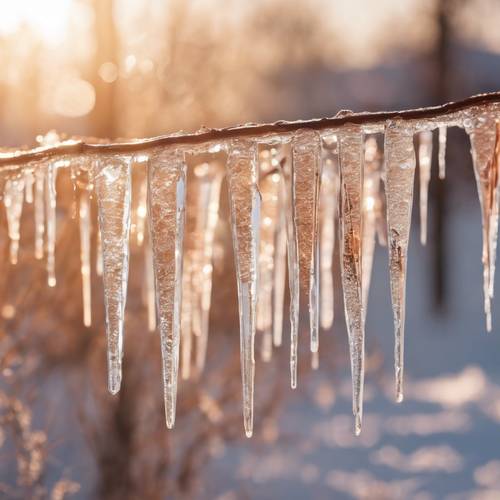 Zarte Eiszapfen reflektieren die rosagoldene Sonne an einem frischen Weihnachtsmorgen.