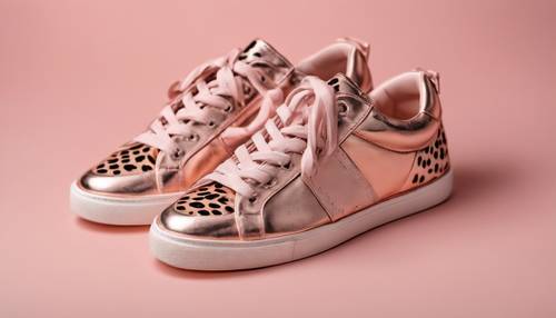 Sneaker alla moda con stampa ghepardo color oro rosa su sfondo rosa pastello
