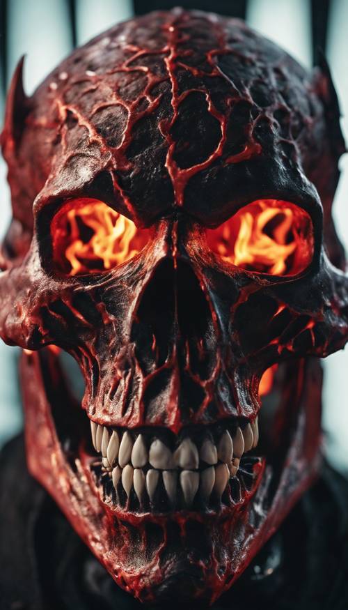 Czerwono-czarna czaszka z ostrymi zębami emanującymi płomieniami