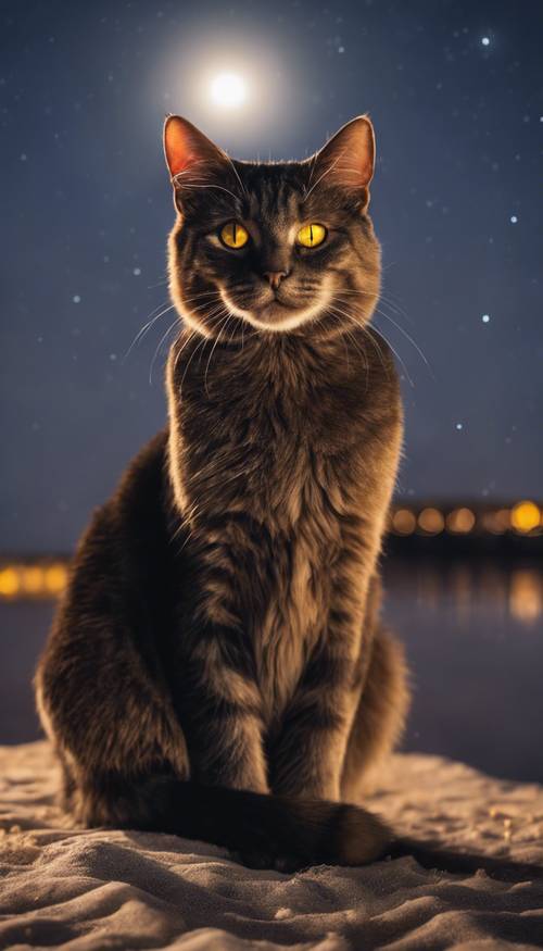 แมวสีน้ำตาลเข้มที่มีดวงตาสีเหลืองส่องสว่าง นั่งอย่างสง่าผ่าเผยกับท้องฟ้ายามค่ำคืนที่แจ่มใส โดยมีดวงจันทร์ปกคลุมบางๆ ห้อยอยู่ต่ำ