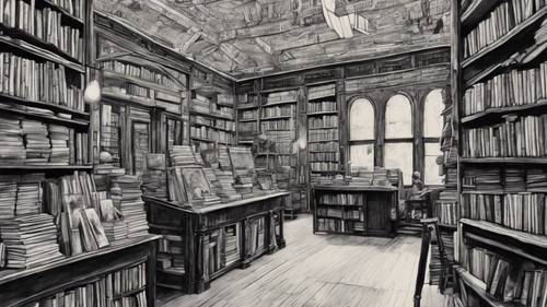 An intricately detailed ink painting of the interior of the Shakespeare and Company bookshop.