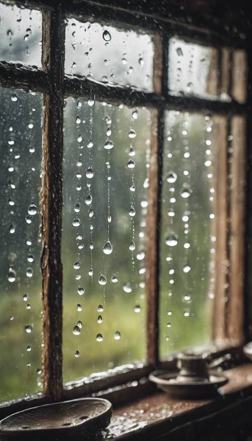 Gotas de lluvia en las ventanas de una antigua cabaña rústica durante una lluvia de primavera.