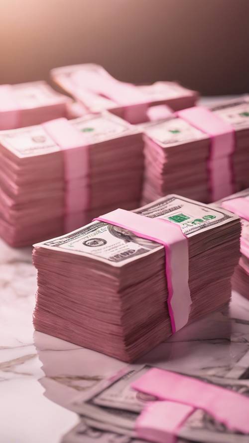 Pile de billets de 100 dollars teintés en rose posés sur une table en marbre.