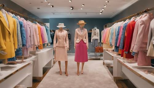 Une gamme de tenues preppy exposées dans une boutique haut de gamme avec des accessoires aux couleurs de l&#39;arc-en-ciel.