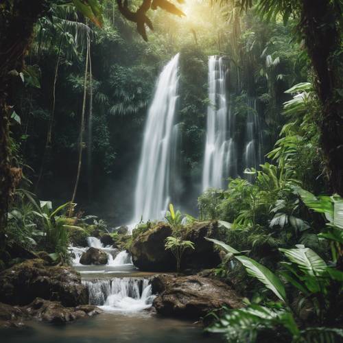 Một thác nước đổ xuống trong khu rừng nhiệt đới tươi tốt vào giữa trưa.