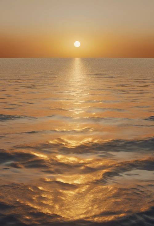 一幅极简主义风格的插画，描绘了宁静海面上金黄色的落日