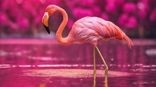 Seekor flamingo flamboyan, dihiasi emas, bermain-main di laguna merah muda cerah.