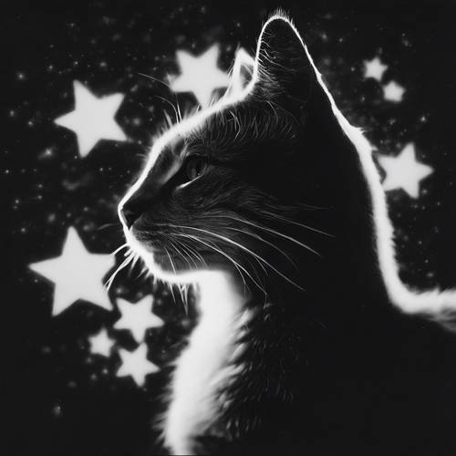 在黑色天鹅绒背景上，有一只带有白色星形胎记的猫科动物轮廓。