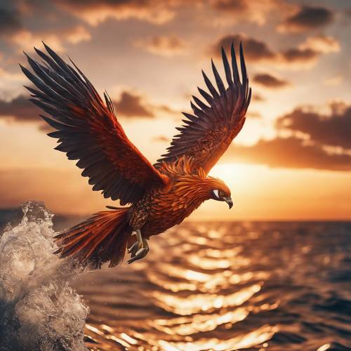 Seekor burung phoenix ramping menyelam dari langit, terjun menuju laut di bawah, dengan latar belakang matahari terbenam yang mempesona.