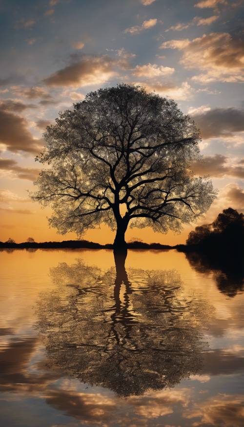 La silhouette d&#39;un arbre sur un coucher de soleil scintillant noir et or