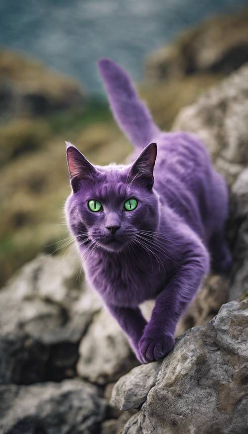 Un gato morado con majestuosos ojos verdes saltando desde un acantilado rocoso.