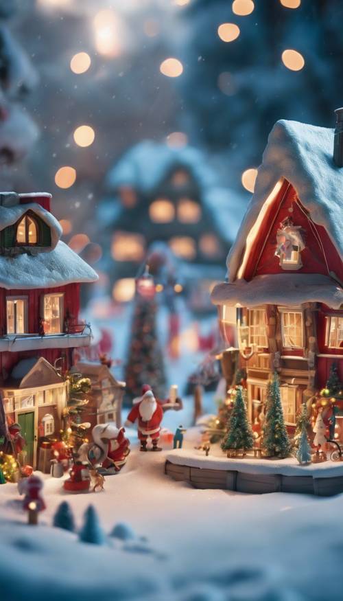 The North Pole's charming landscape, featuring Santa's brightly lit cottage, the toy factory, and busy elves preparing for Christmas. Wallpaper [61627cdd194943c285f7]