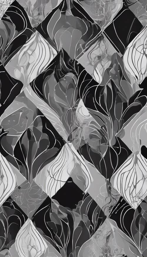 A seamless pattern featuring abstract shapes in different shades of black and gray.