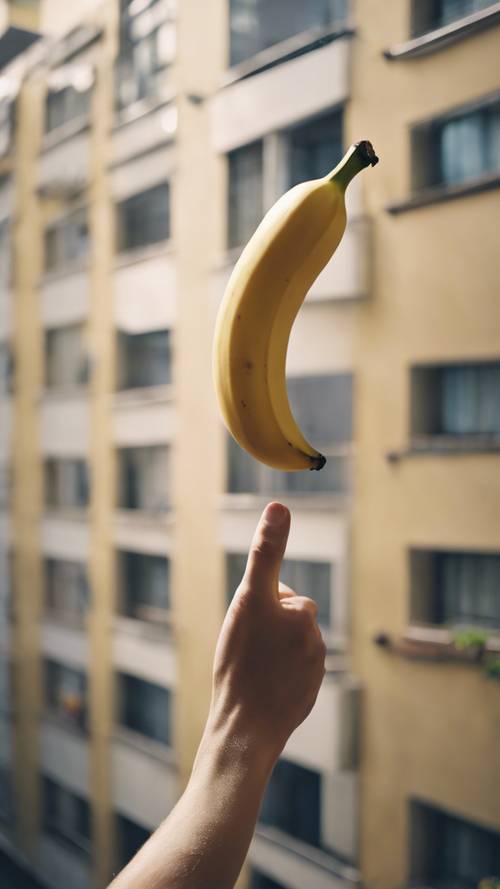 Eine Hand, die aus einem Wohnungsfenster greift, um eine fallende Banane aufzufangen.