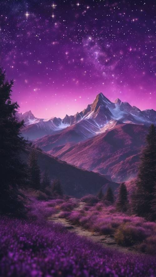 Un paesaggio montano sotto un cielo viola abbagliante cosparso di stelle scintillanti.