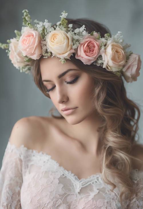 Una corona de flores shabby chic con encaje y rosas pastel