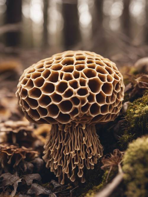 A detailed study of a morel mushroom's honeycomb-like texture in the springtime forest floor.
