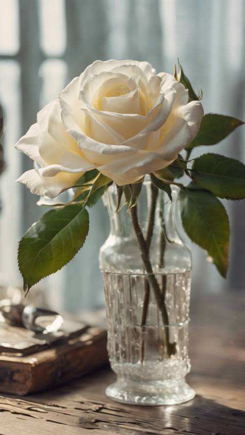 古董木桌上的古董玻璃花瓶中插着一朵柔软的白玫瑰。