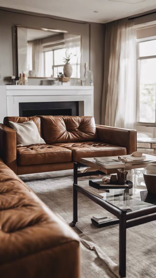 A modern brown leather couch sitting in the center of a minimalist living room.