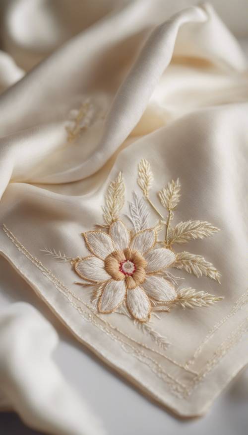 Một chiếc khăn tay bằng lụa thêu có viền hoa màu kem.