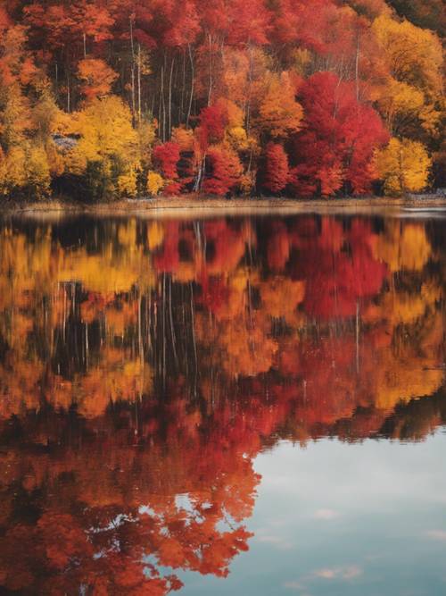 الخريف في ميشيغان مع أوراق الشجر الحمراء والبرتقالية والصفراء النابضة بالحياة والتي تنعكس على بحيرة شفافة تشبه الزجاج.