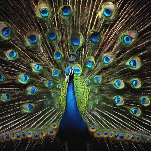 A digital art representation of a peacock displaying its plumage with neon colors against a pitch-black backdrop.