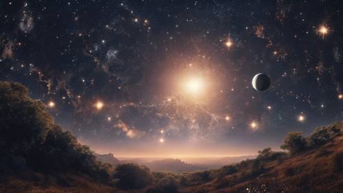 Planet yang diterangi bintang dengan langit yang diterangi oleh pancaran jutaan bintang di dekatnya, menciptakan pemandangan panorama yang menakjubkan.