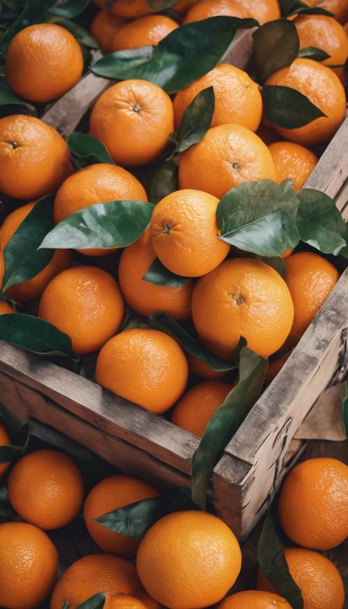 Une affiche vintage représentant une caisse pleine d&#39;oranges mûres et juteuses.