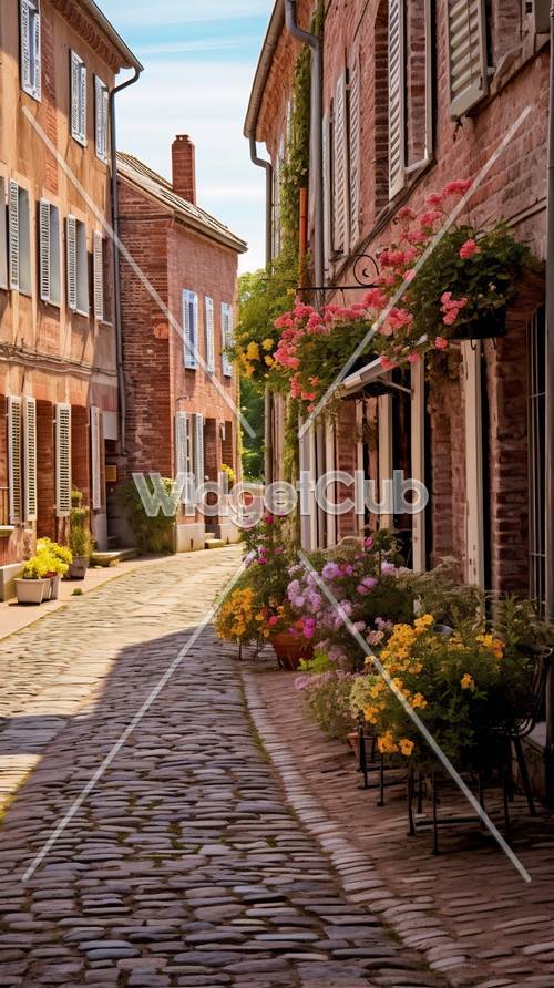 סצנת רחוב אירופאית מקסימה עם פרחים