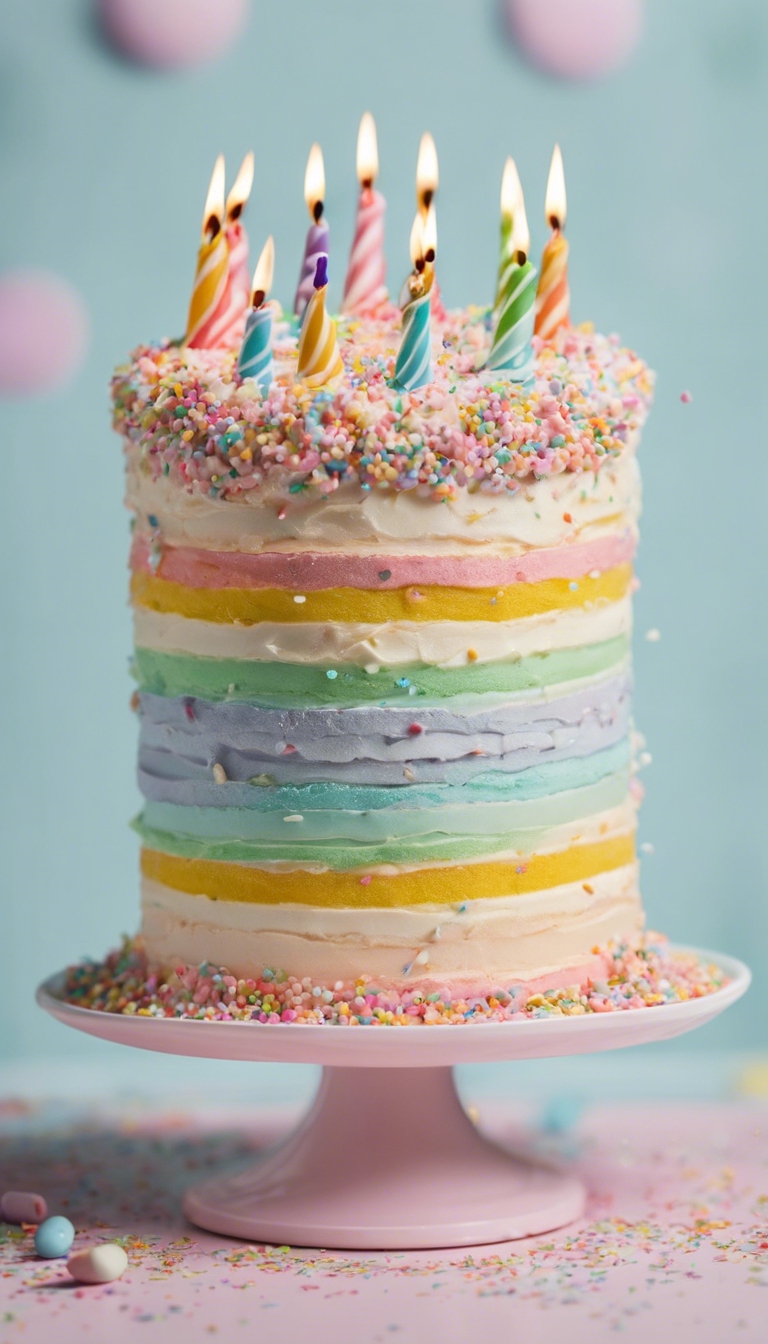 A whimsical birthday cake decked with pastel-colored striped frosting and rainbow sprinkles.” Wallpaper[47aa7f380b344f0c8b1c]