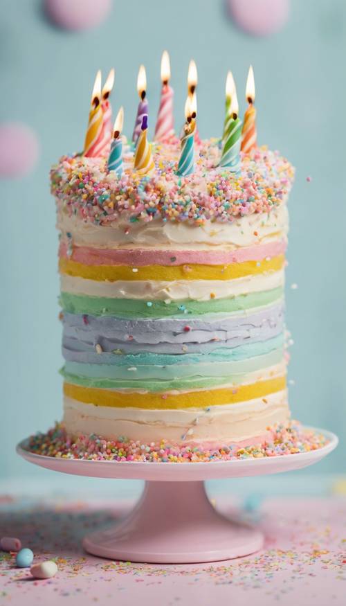 A whimsical birthday cake decked with pastel-colored striped frosting and rainbow sprinkles.”