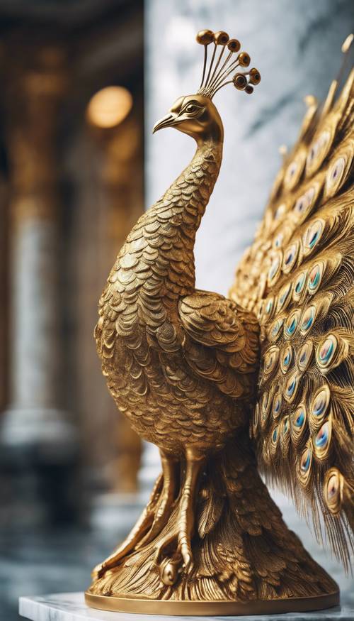 A golden peacock stands on a marble statue, its splendid tail spread out.