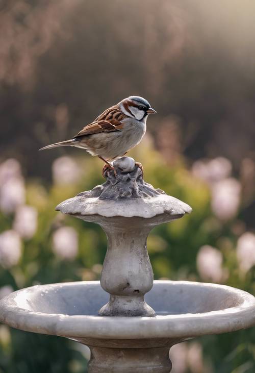 Un passero solitario appollaiato sul bordo di una vasca per uccelli, simboleggia l&#39;arrivo della primavera in una scena di giardino minimalista.