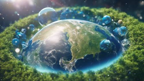 Una representación abstracta de la transformación de la Tierra de un exuberante planeta verde a una canica azul debido a cambios ambientales a lo largo del tiempo.