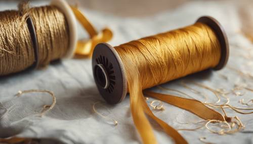Un rocchetto di fili di seta dorata con un kit da cucito vintage.