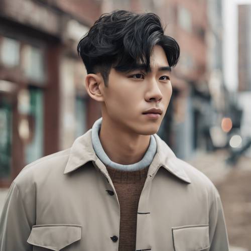 Close-up portrait of a handsome young Korean man with fashionable haircut. Wallpaper [f6f2c0ac551c4e0983e4]