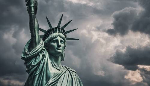 Statua della Libertà a New York, sullo sfondo drammatico di nuvole tempestose, che simboleggiano resistenza e perseveranza.