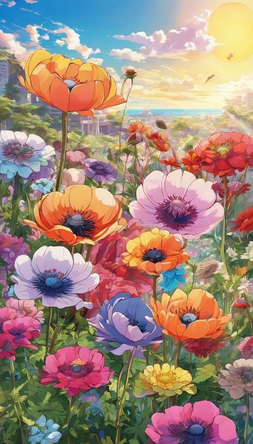 Eine farbenfrohe Anemonenblüte, dargestellt im kräftigen und lebendigen Anime-Kunststil vor einem sonnigen Hintergrund. Hintergrund [6943c58800bc43fe8b35]