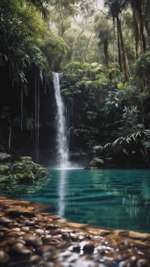 Ein ruhiger, von einem Wasserfall gespeister Teich in einem abgelegenen Teil des australischen Regenwaldes.