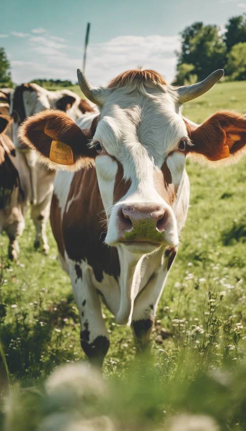 Корова с пятнами пастельных тонов пасется на солнечном зеленом лугу.