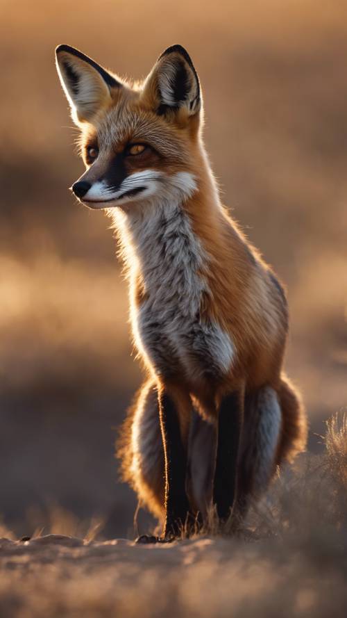 A black-footed fox, illuminated by the setting sun, standing its ground fearlessly in a savanna.