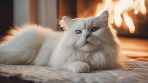An image of a white fluffy cat stretching lazily on a soft blanket near a fireplace.