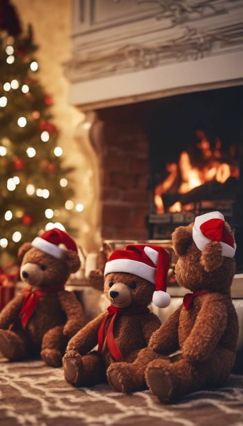 Rodzina brązowych misiów świętujących Boże Narodzenie przy kominku, noszących czapki Mikołaja.