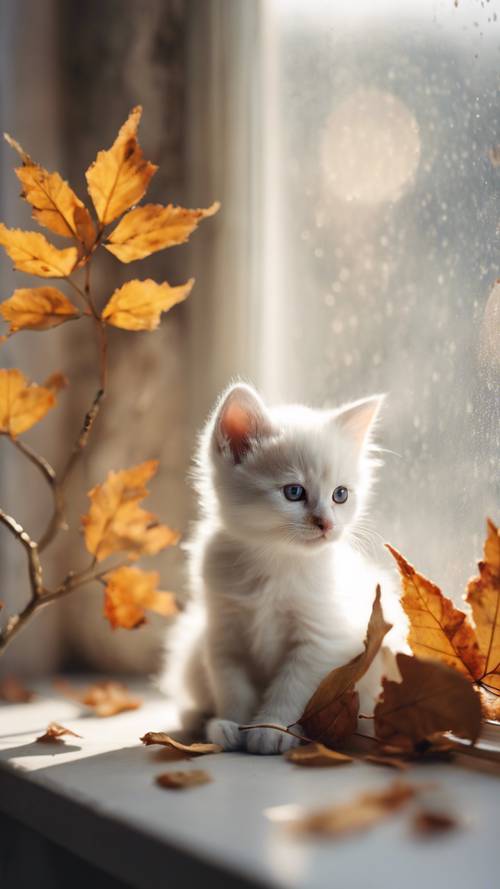 Ein einzelnes porzellanweißes Kätzchen sitzt auf einem Fensterbrett und richtet seine goldenen Augen intensiv auf die draußen fallenden Herbstblätter.