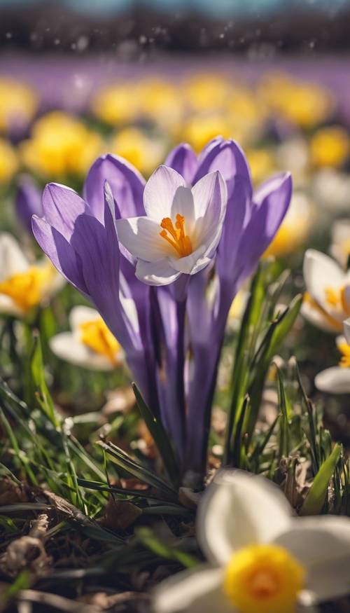 Des crocus et des jonquilles délicats poussant dans un champ luxuriant, avec une écharpe lumineuse de style preppy jetée négligemment à proximité, symbolisant la joie du printemps.