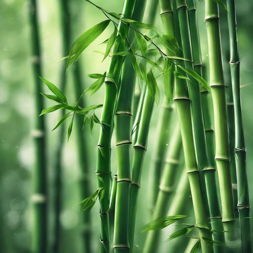 Sakin bir bahçe ortamında rüzgarla bükülen yeşil bambu bitkileri.