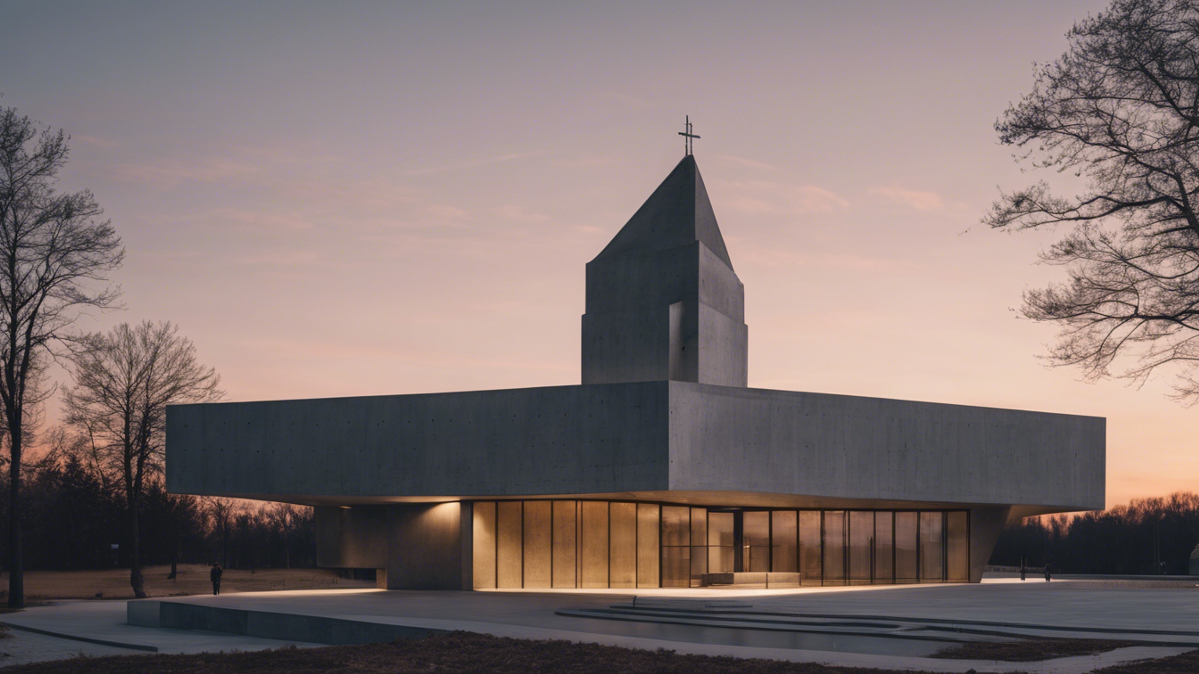A modern concrete church with minimalist design at dusk Wallpaper[f87e81fe68ed4fc89c52]