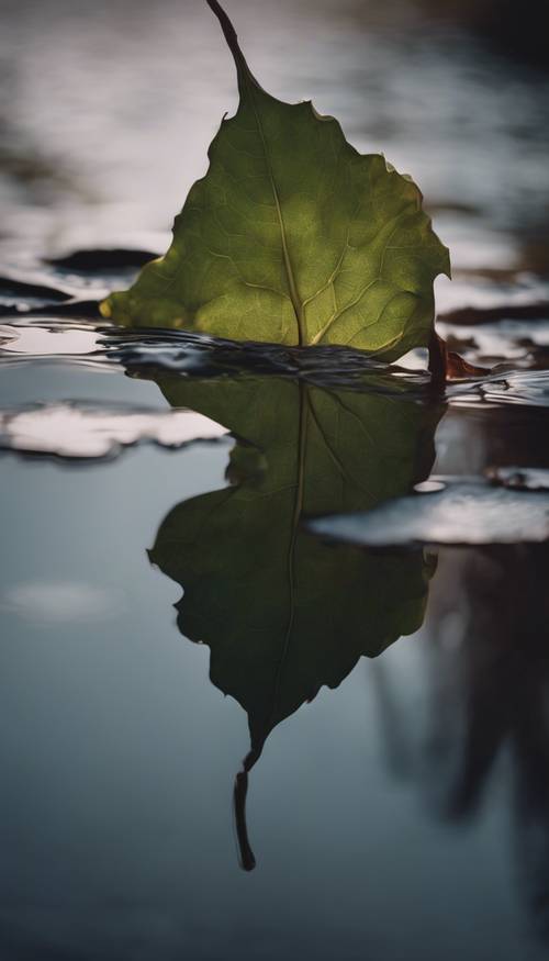 A single leaf, curled and darkly colored, gracefully floating on a still pond.