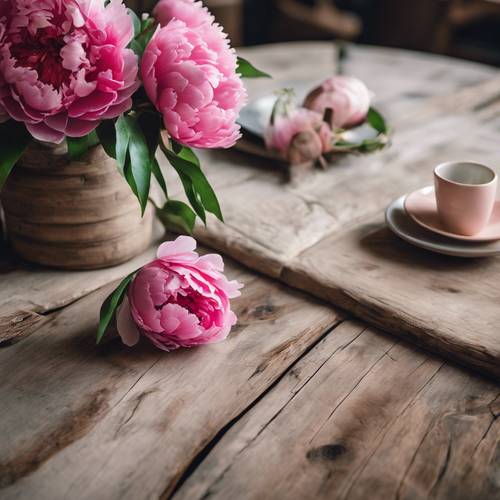 A rustic wooden table with a pink peony centerpiece.